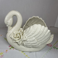 VTG Mid Century White Ceramic Swan Planter with Rose Embellishment FLAW-READ picture