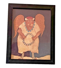 Paige Koosed Original Folk Art Angel Painting Signed Dated 1995 Primitive Framed picture