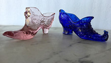 Vtg Fenton Mosser Glass Shoe Figurines Pink Cabbage Rose & Cobalt Blue Slippers picture