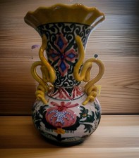 VTG Spanish Majolica Style Vase, Hand Painted W/ Scrolled Handles 1970s picture