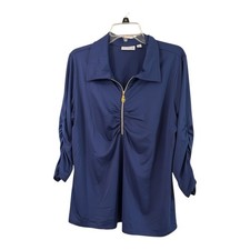 Susan Graver Women’s Blue Top  3/4 Sleeve Zip-Front  Size 1X New Unworn picture