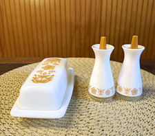 Vintage  Pyrex White Milk Glass Butter Dish w/Lid and Matching Salt & Pepper  picture
