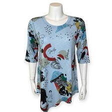 Inoah Women's Asymmetric Hem Top Tunic M Graffiti Art Smile Monster Blue NWT picture