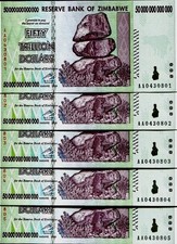 5 x 2008 50 TRILLION DOLLARS ZIMBABWE BANKNOTE, AA P-90 GEM UNC picture