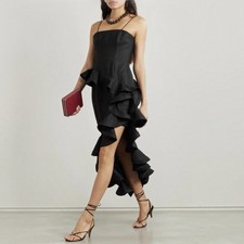 Zimmermann Harmony Tango Black Linen Midi Dress Ruffle Hi Low Hem US 8 picture