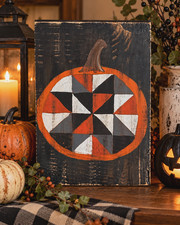 Pumpkin Quilt Halloween Hand Painted Reclaimed Wood Primitive Wall Decor picture