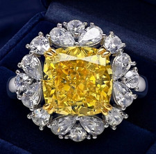 RARE 6.20 Ct Certified Cushion Cut Yellow Natural Diamond Ring White Gold Finish picture
