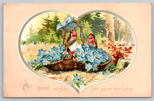 c1910s Tuck's Birthday Heart Nest Birds Blue Flowers Antique Postcard picture