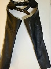 A-1 Leather Motorcycle Chaps SZ XXXS Black Zipper & Snaps Light Scuffs Biker picture