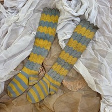Antique Victorian Knit Striped Stockings Socks Yellow & Blue Knitwear Vintage picture