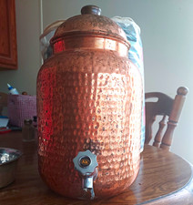 Pure Copper Water Dispenser 8L Hammered Matka Pot w/ Tap Lid Ayurvedic picture