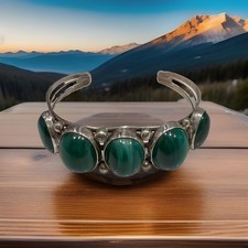 Vintage Navajo Sterling Silver Malachite Large Stones Cuff  44.1g Signed Sz 8.5” picture