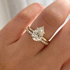 Moissanite Bridal Set Engagement Ring 2.50 CT Pear Cut Solid 14K Yellow Gold FN picture
