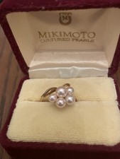 Mikimoto Cultured White Round Pearl Cluster Ring 14K Yellow Gold Size 7, 5 picture
