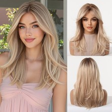 Shoulder Length Wavy Rooted Blonde Mix Synthetic Hair Wigs With Bangs Women picture