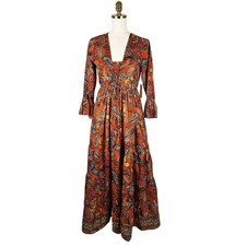 NWT Boemo Orange Paisley Lace Up Tiered Maxi Dress Size Medium Boho R4202 picture