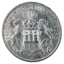 1914-J German Empire Free City of Hamburg Silver 3 Mark BU-Unc. Coin KM#620 picture