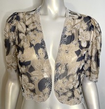 Antique 20s 30s Beige Navy White Beaded Floral Sheer Jacket S M Overlay Evening picture