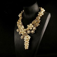 Baroque Pearl Statement Necklace Gold Plated Rhinestone Heavy Chunky Vintage picture