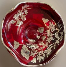 Vtg Viking Glass Ruby Red EPIC 4 Petal 6” Bon Bon STERLING MCM READ picture