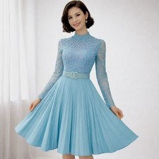 Vintage 60s 70s Tea Dress Crochet Overlay Long Sleeve Pleats Blue~XS~B32 W24 EUC picture