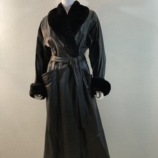 Fur Collar Leather Trench Coat, Vintage 1980’s Long Leather Coat  picture