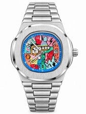 Graffiti Art Dial Watch Silver Tone Bracelet Colorful Streetwear Date Analog picture