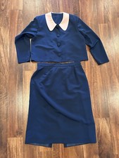 VTG 1960s 2 Pc Skirt Suit Set Navy Blue Jackie O Mod Pleated Crop Blazer Small picture