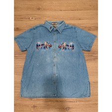 VTG Cottagecore Grandma Embroidered Short-Sleeve Chambray Button Up Sz 1X XL picture