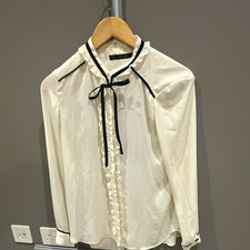 ZARA BASIC White/Black Chiffon Blouse Ruffle Tie Neck Long Sleeve Size M picture