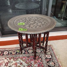 Vintage Kashmiri Engraved Brass Tray Table with Folding Wood Stand - 21
