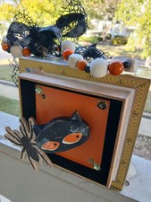 3D Vintage Halloween Black Cat Cigarbox Purse with Spooky Spider Attached. picture