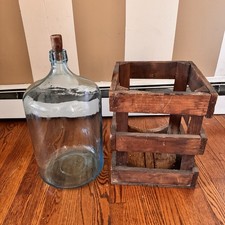 Vintage Aqua Blue Glass Wine Demijohn Carboy Bottle w/ Wooden Crate Cork picture