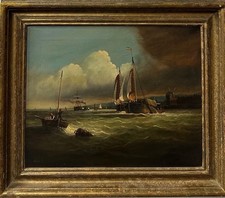 20th Century Continental School Shipping Coastal Seascape Oil on Canvas Signed picture