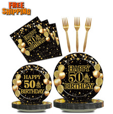 96 Pcs 50th Birthday Plates and Napkins Set, Black Gold, Serves 24 Black and go picture