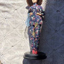 Vintage Asian Doll with blue Fishing Net and 2 Fish and stand picture