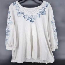 Pure Jill J Jill Womens XL Embroidered Floral Top Blue Gray Cotton 3/4 Sleeve picture