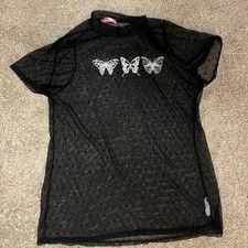 Y2K Fairycore Black Sheer Butterfly Top Baby Tee WhimsigothGoth 2000s Size M picture