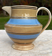 Antique 19thC English Mochaware Pitcher - Blue Banded Yellowware Jug picture