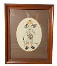 Vintage Debra Debbi Ruddeforth Baseball Girl Print Signed Art Framed 1970s picture