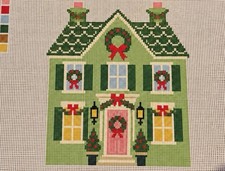 Christmas Village House Needlepoint Canvas 18 Mesh Pastel Green Wreath picture