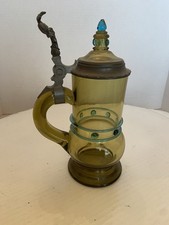 VTG German Bavarian Theresienthal Green Glass Beer Stein With Enamel Lid. picture