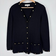 St. John Collection Marie Gray Santana Knit Cardigan Jacket Women L Black Gold picture
