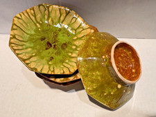 Vintage 1970 Signed Studio Art Pottery Green Brown 7” Bowls Plates Set of 4 picture