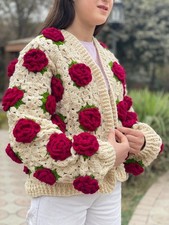 Handmade Crochet Rose Cardigan Maroon Floral Nude Skin Boho Sweater Wear picture