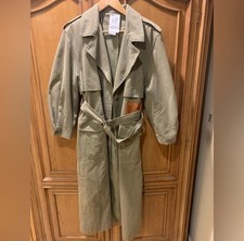 Vintage Women's Green Trench Coat Belted Button Long  Leather Trim Size 6 picture
