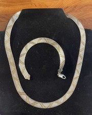 Vintage Multi-Tone Sterling Silver Herringbone Jewelry Set. Necklace & Bracelet picture