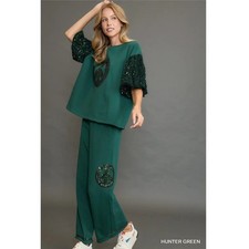 Umgee USA Green Peace Sign Sequin Wide Leg Lounge Pants Size L picture