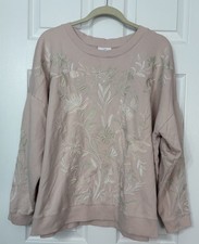 J Jill Intricately Embroidered Sweatshirt Size 2X Blush Pink Tonal Floral Cotton picture
