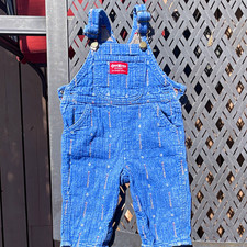 OshKosh B'gosh 6-9M Blue Denim Cotton Geometric Bib Overalls Pockets -Vintage picture